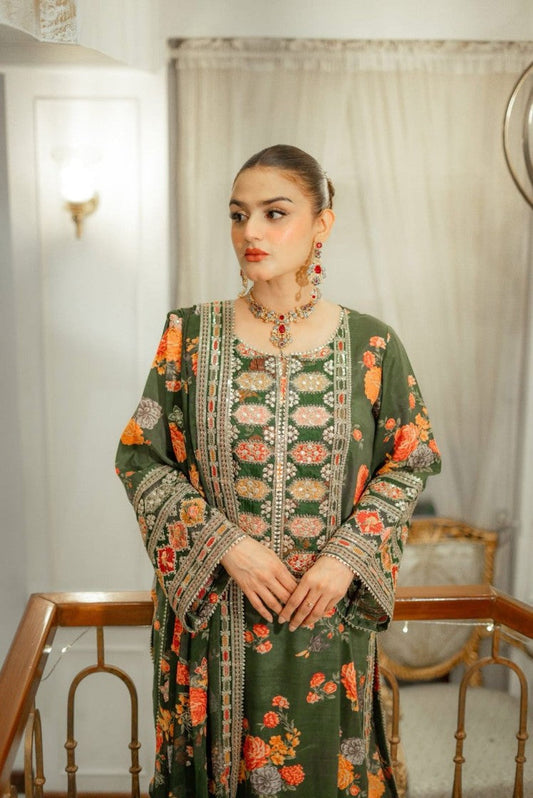 Aneela’s Green Formal Collection Printed Silk Replica