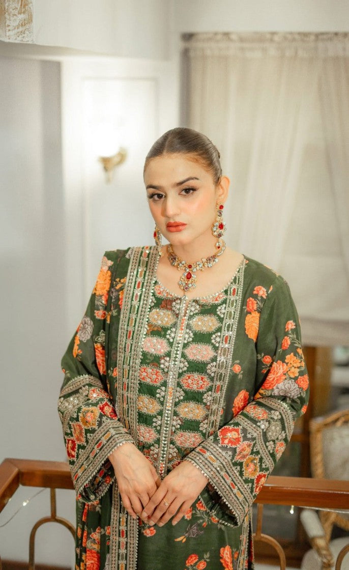 Aneela’s Green Formal Collection Printed Silk Replica