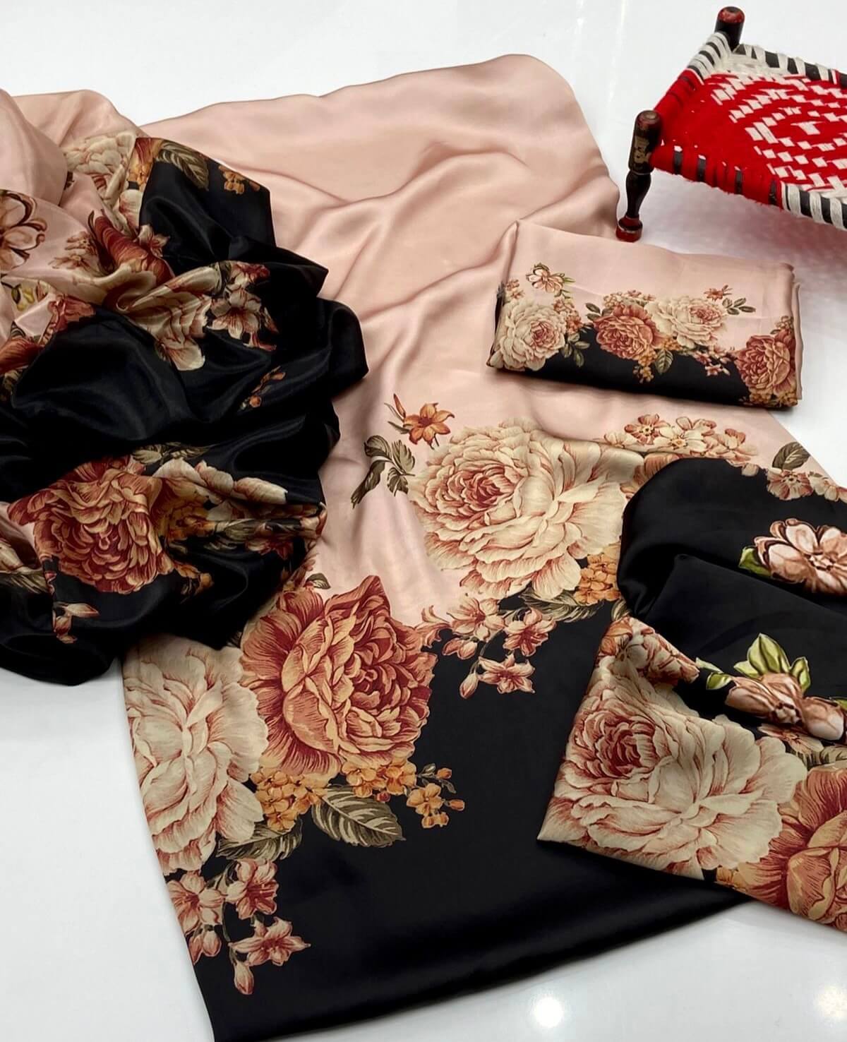 Premium Swiss Lawn Floral Printed Co-ord Set with Dupatta – Blush Pink & Black Unstitched