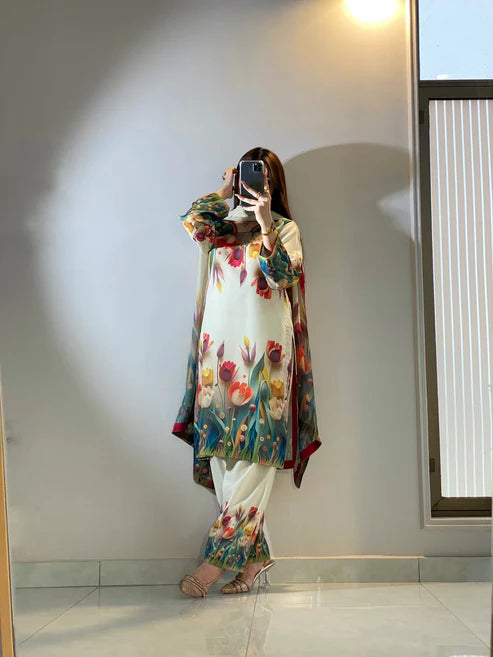 🌷 Tulip Printed Pure Silk Co-Ord Set (3-Piece) Unstitched 🌷