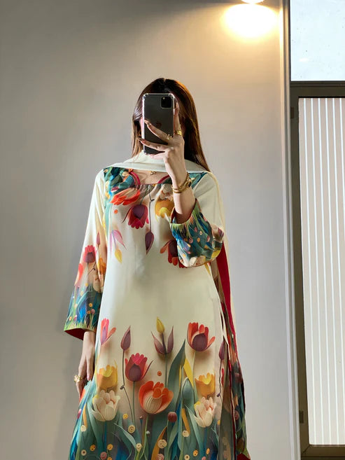 🌷 Tulip Printed Pure Silk Co-Ord Set (3-Piece) Unstitched 🌷