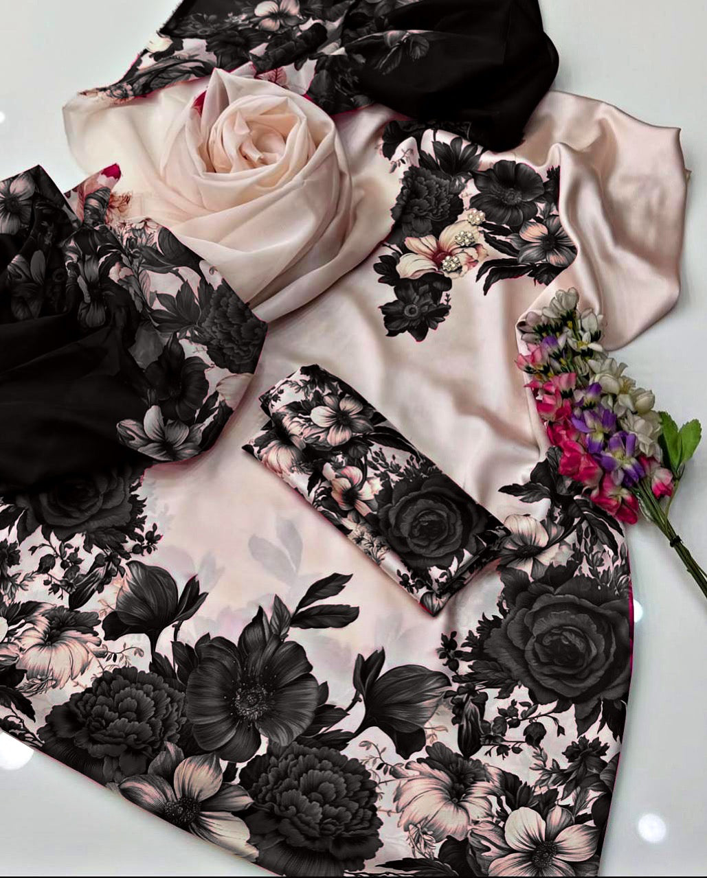 DIGITAL PRINT SHALMOZE Silk 3pcs(Black-phool)