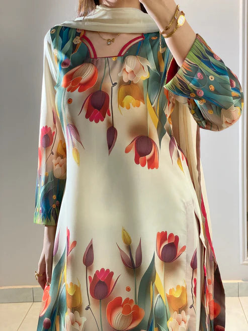 🌷 Tulip Printed Pure Silk Co-Ord Set (3-Piece) Unstitched 🌷