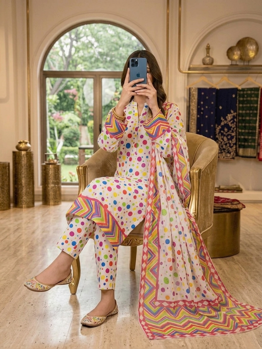 White Multicolor Geometric Printed polka swiss Lawn Suit untitched