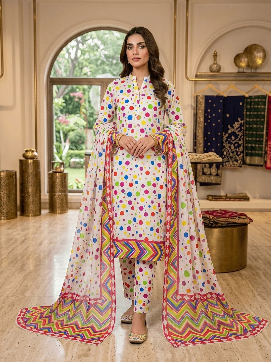 White Multicolor Geometric Printed polka swiss Lawn Suit untitched