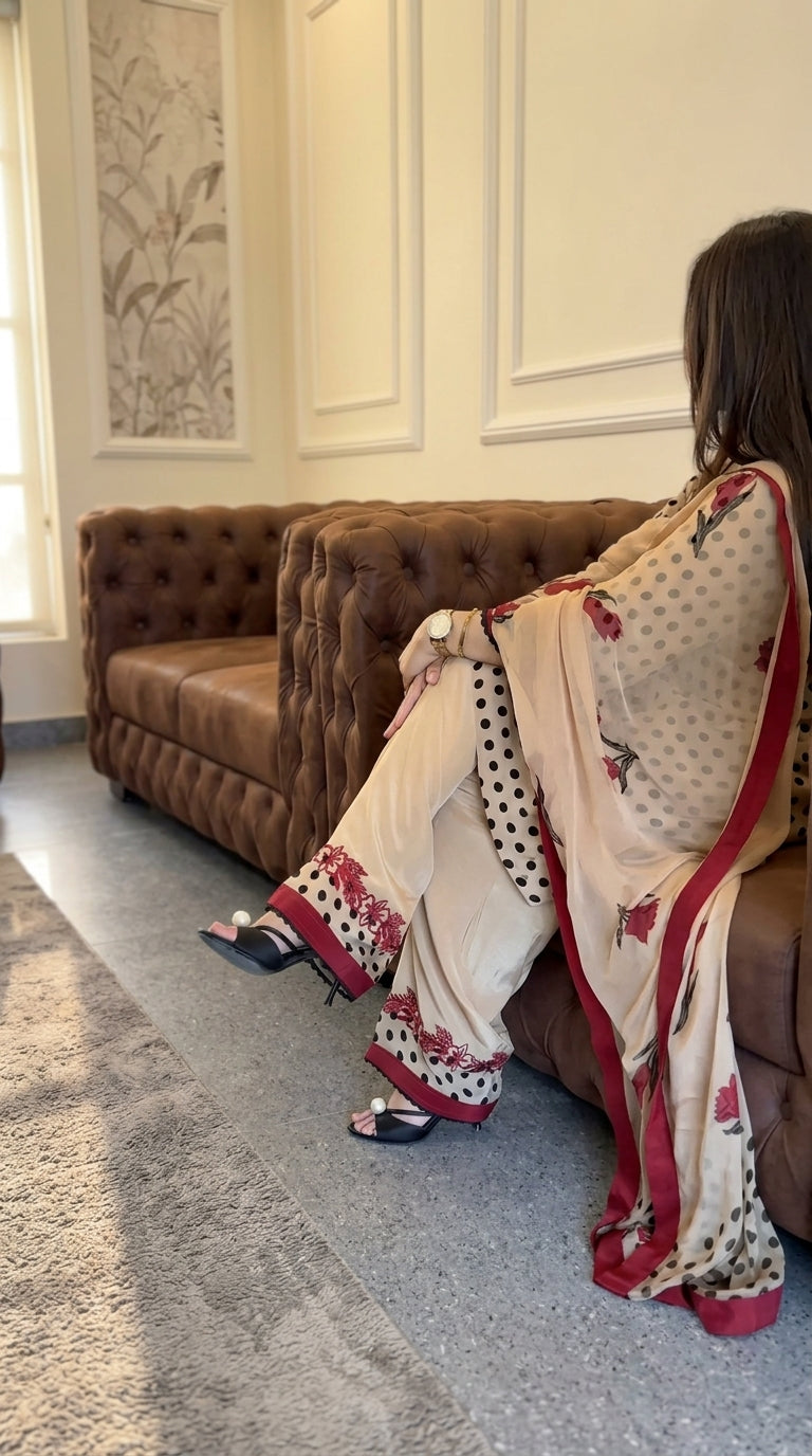 Digital Printed Pure Silk 3PC Unstitched Suit – Skin Tone Polka Print