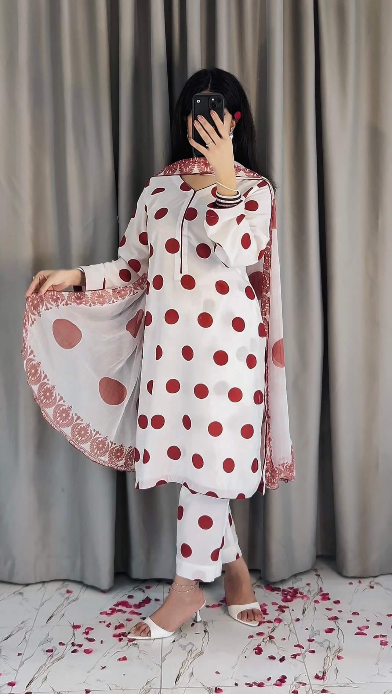 Swiss Lawn (Polka Dots - Maroon) Unstitched