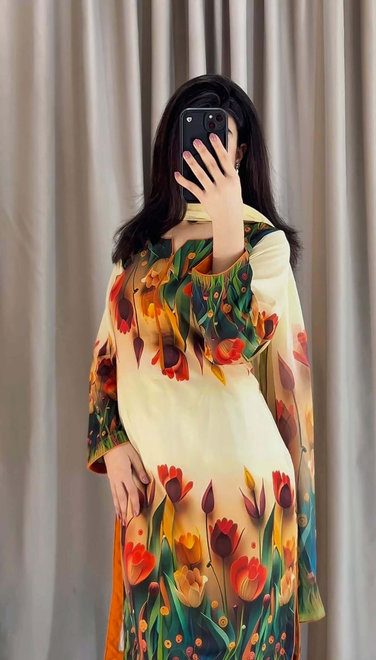 🌷 Tulip Printed Pure Silk Co-Ord Set (3-Piece) Unstitched 🌷