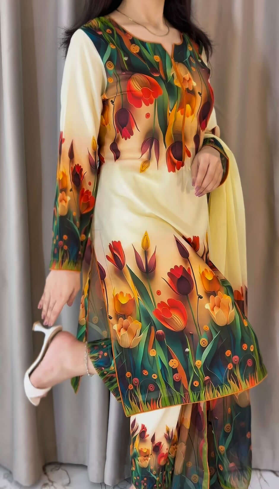 🌷 Tulip Printed Pure Silk Co-Ord Set (3-Piece) Unstitched 🌷