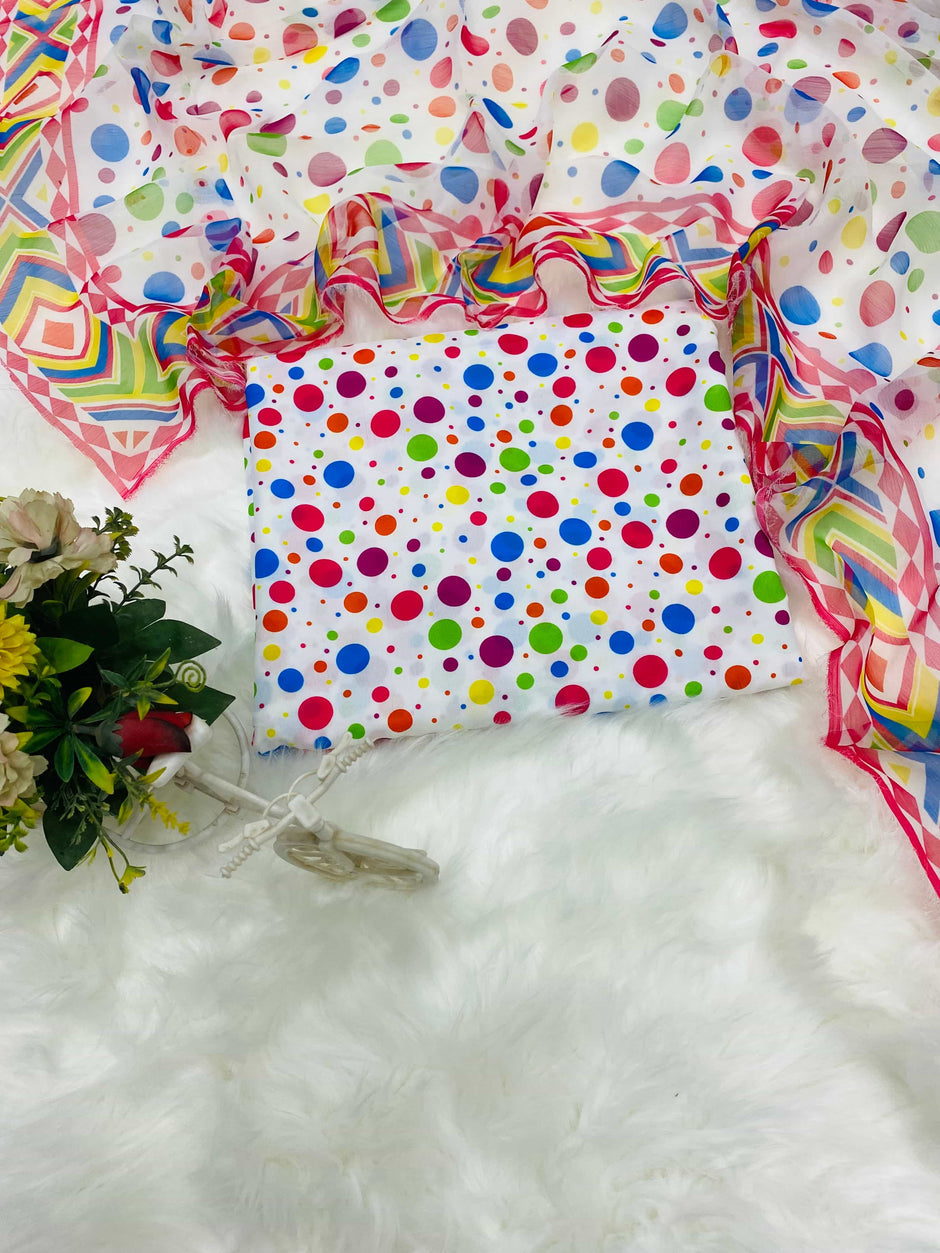 White Multicolor Geometric Printed polka swiss Lawn Suit untitched