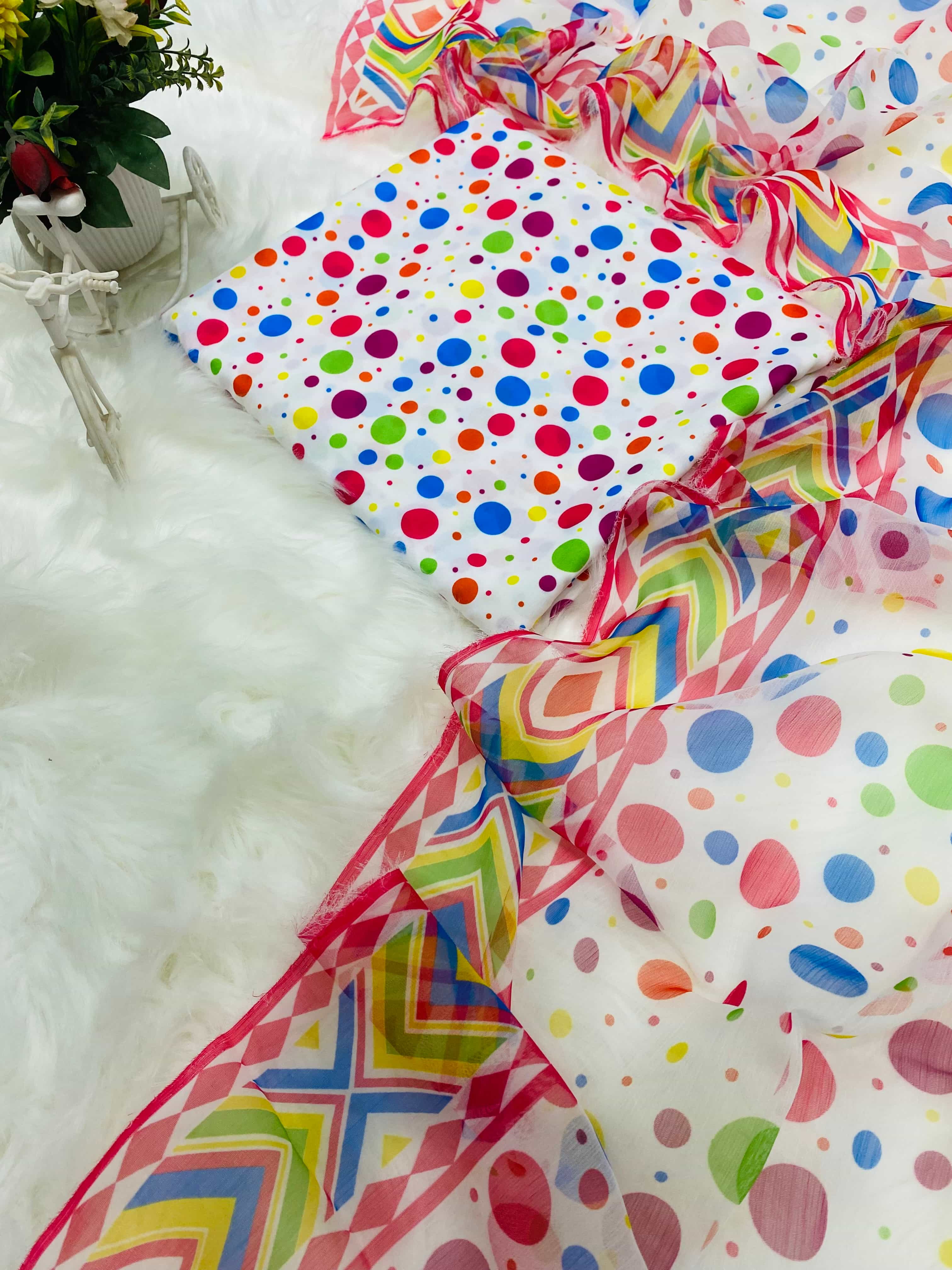 White Multicolor Geometric Printed polka swiss Lawn Suit untitched