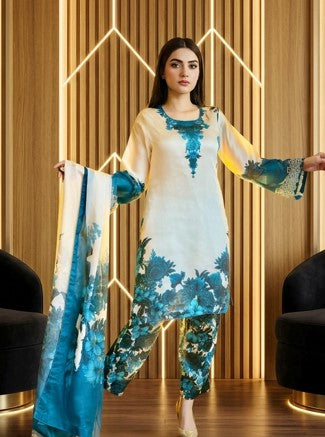 Digital Printed Pure Silk 3PC Unstitched Suit – Zinc Floral Print
