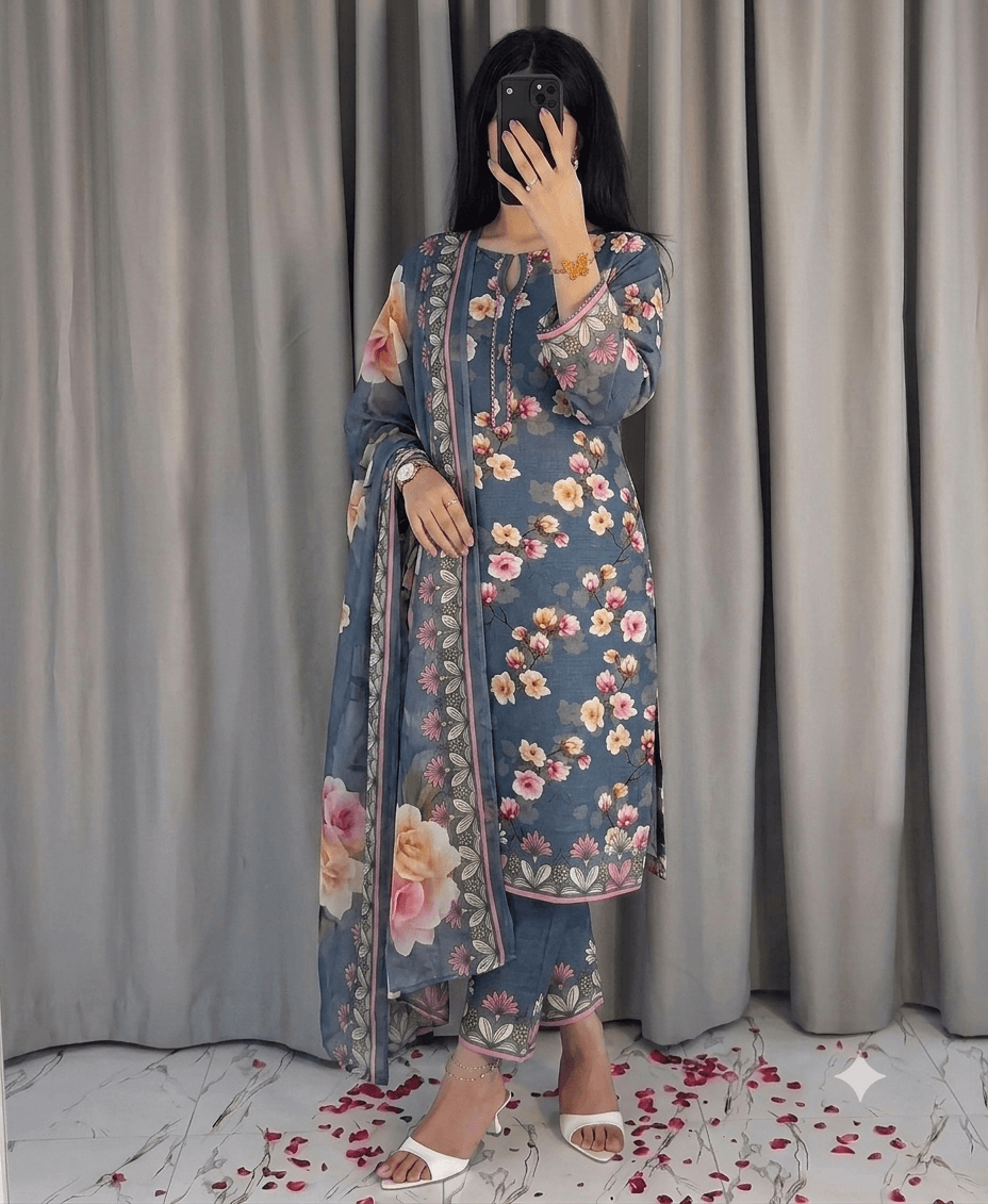 🌸 7D Premium Swiss Lawn Bana Dora for Summers (Unstitched) – Dusty Blue Vintage Elegance 🌸