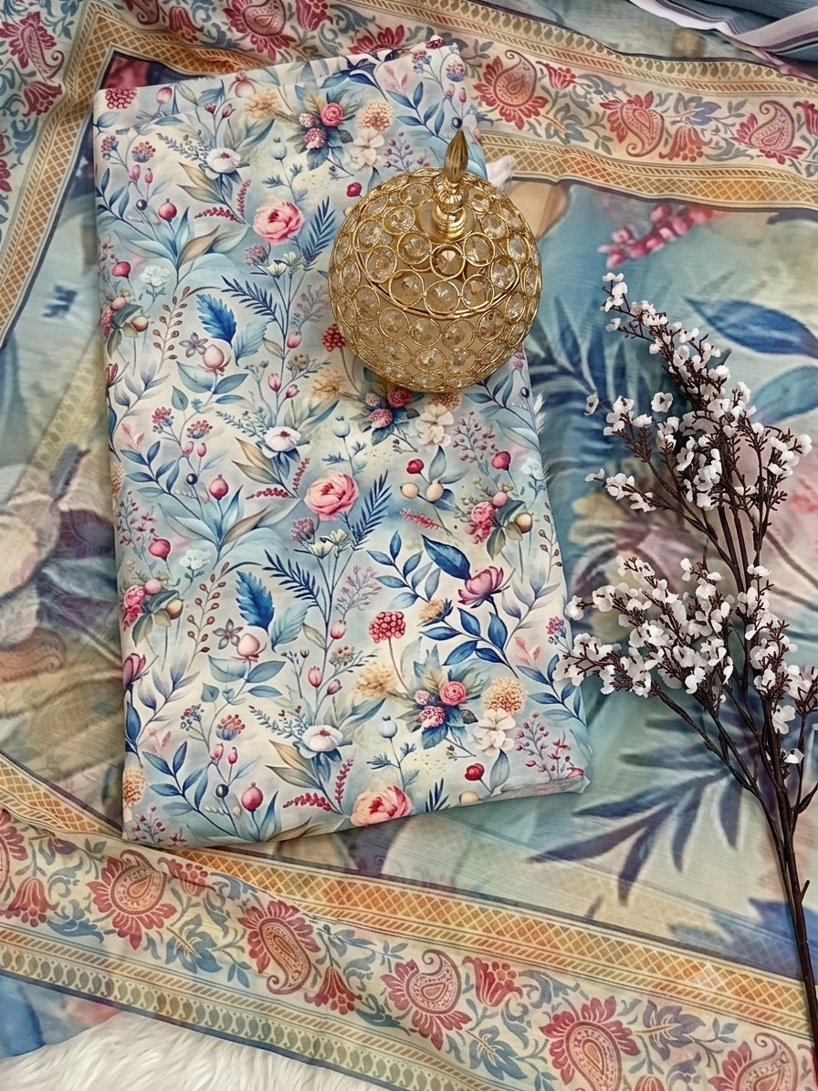 6C Premium Swiss Lawn 3-Piece Suit – Elegant Pastel Blue Vintage Floral Print