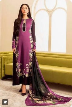 Plum Purple Floral Print Silk Suit with Black Dupatta