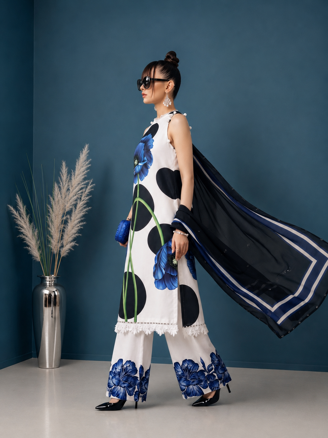 Ivory Polka Dot & Blue Poppy Print Three-Piece Suit with silk Dupatta