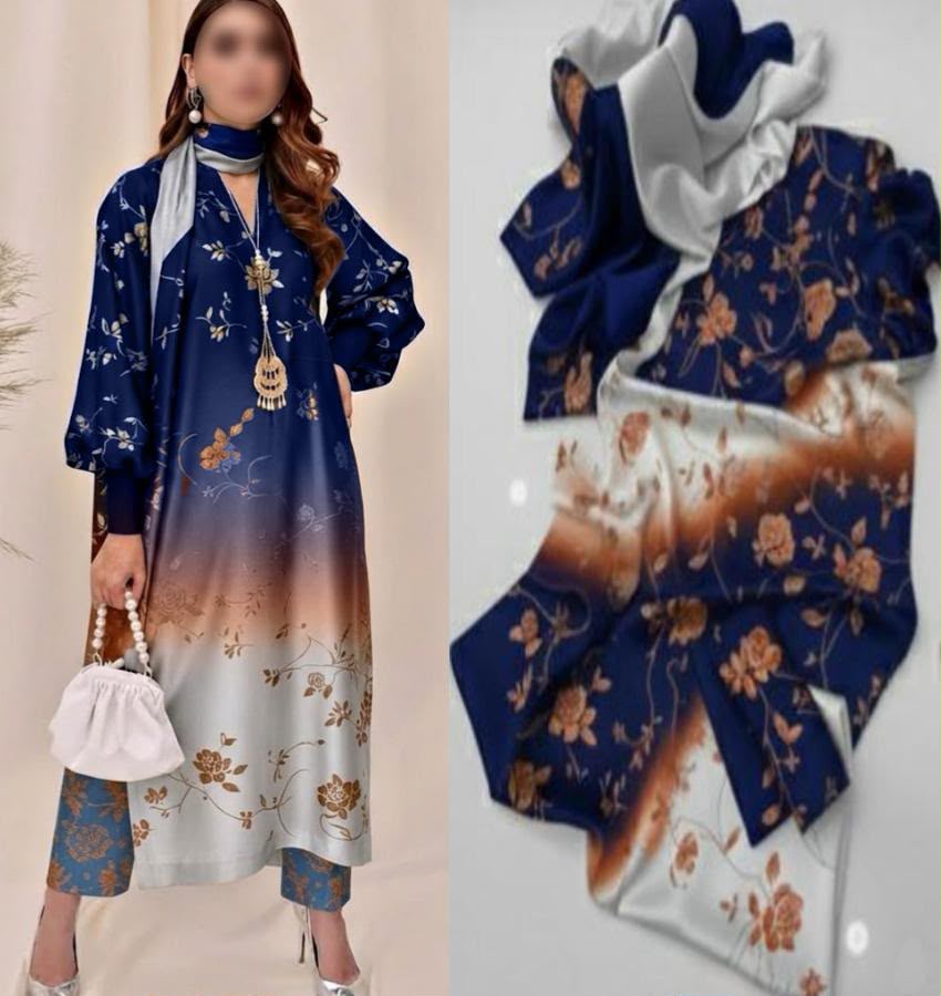 Navy Blue Ombre Floral Silk Kurta with Attached Scarf