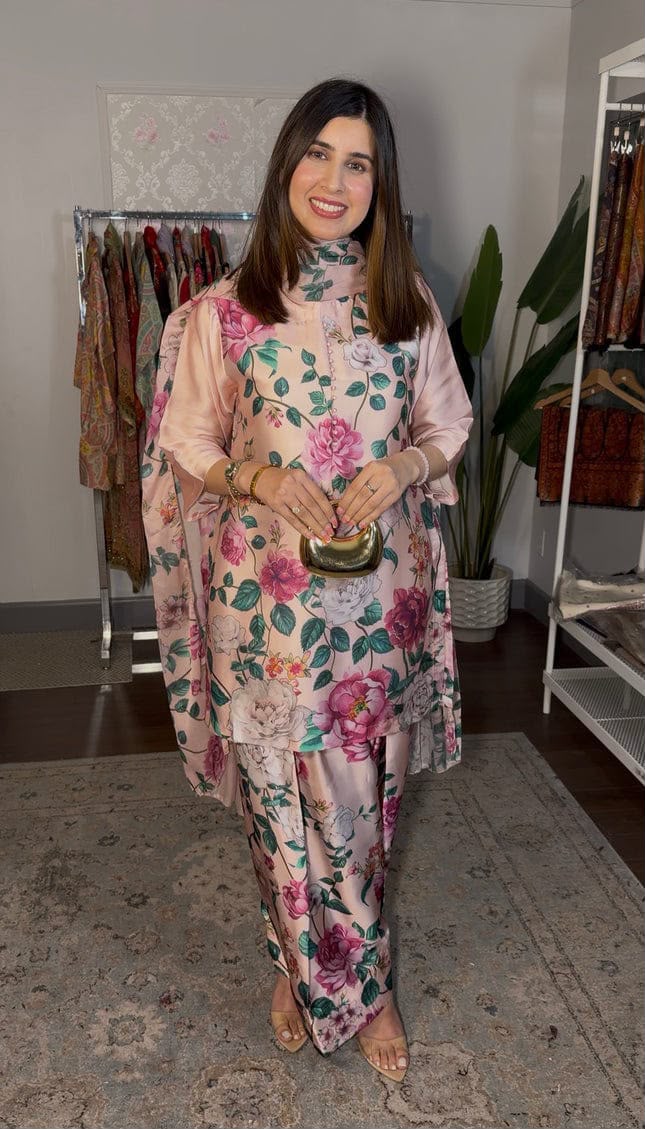 Blush Pink Floral Print Silk 3-Piece Suit with Cape Dupatta