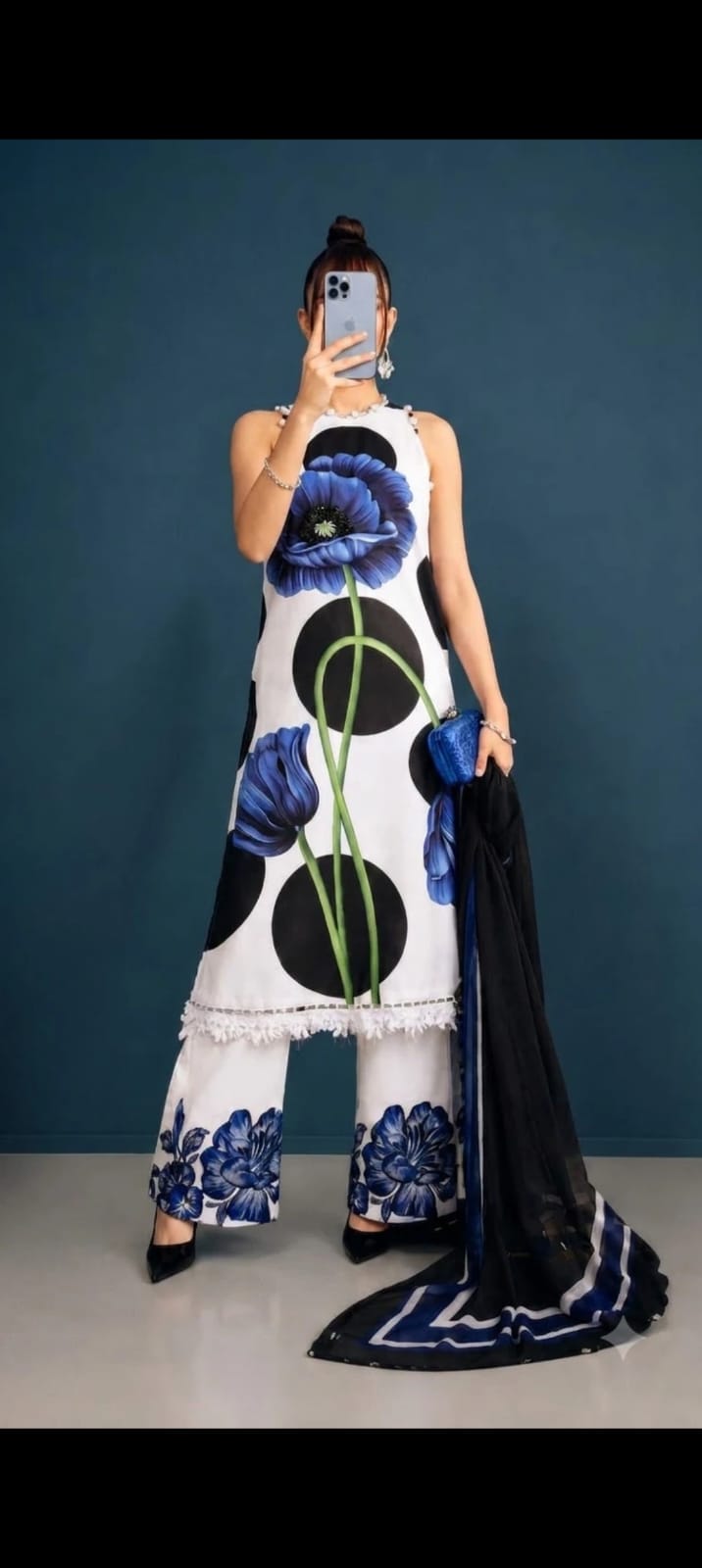 Ivory Polka Dot & Blue Poppy Print Three-Piece Suit with silk Dupatta