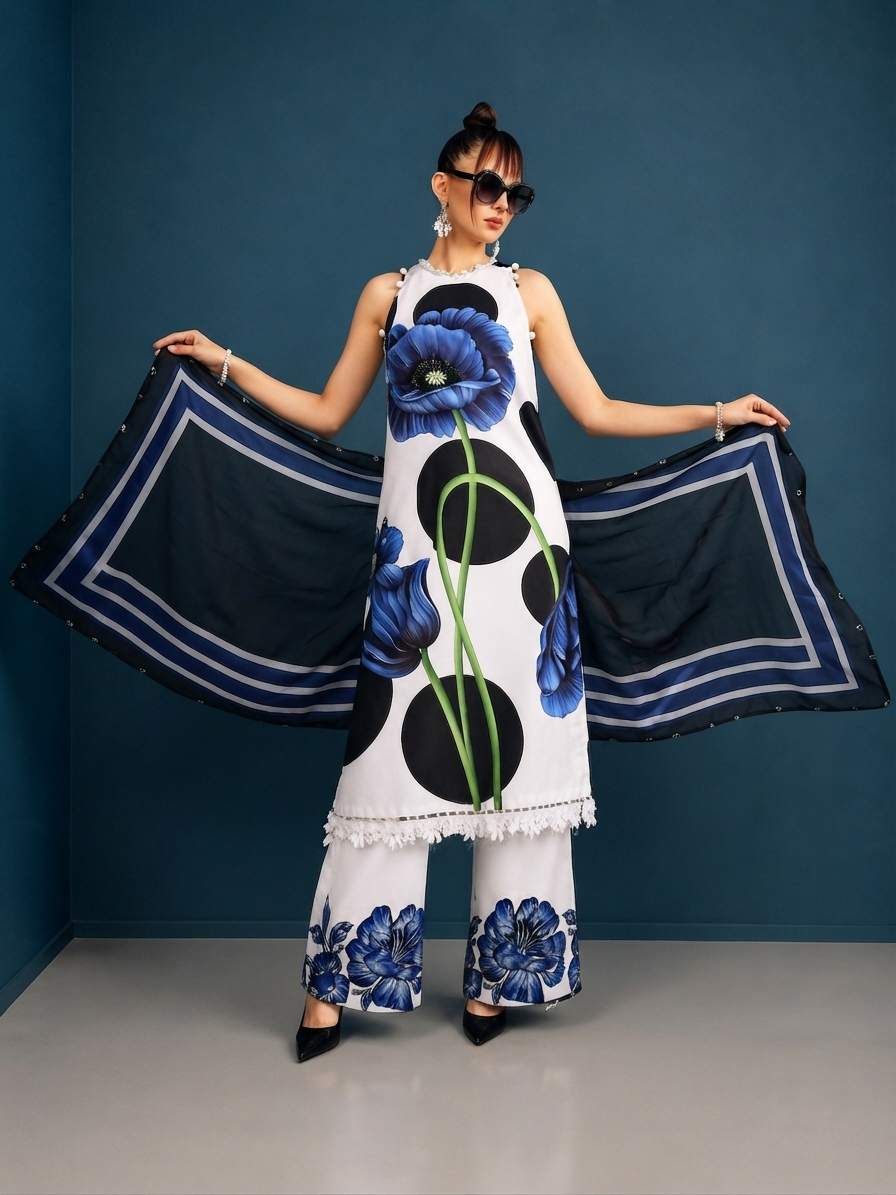 Ivory Polka Dot & Blue Poppy Print Three-Piece Suit with silk Dupatta