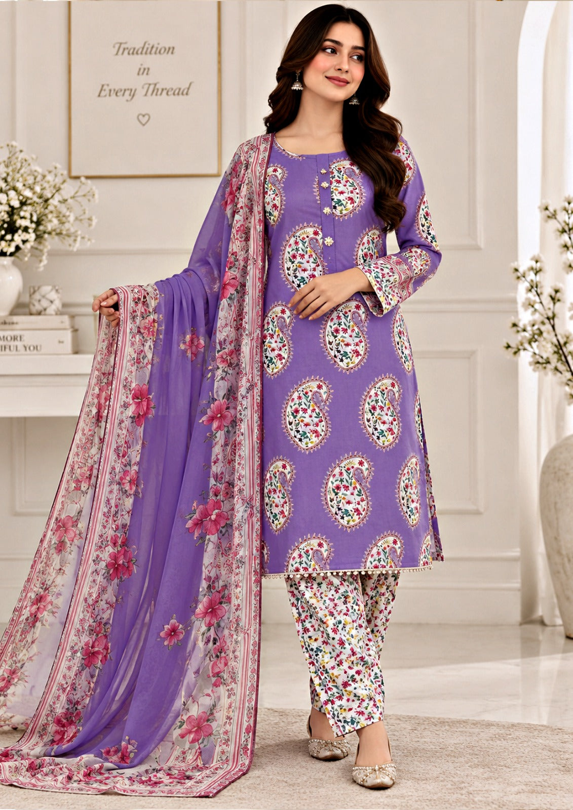 Lavender Paisley Floral Print Silk 3-Piece Suit
