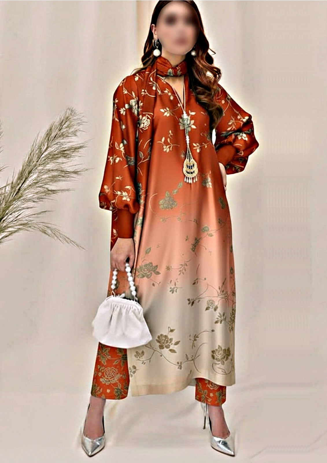 Rust Ombre Floral Silk Kurta with Attached Scarf