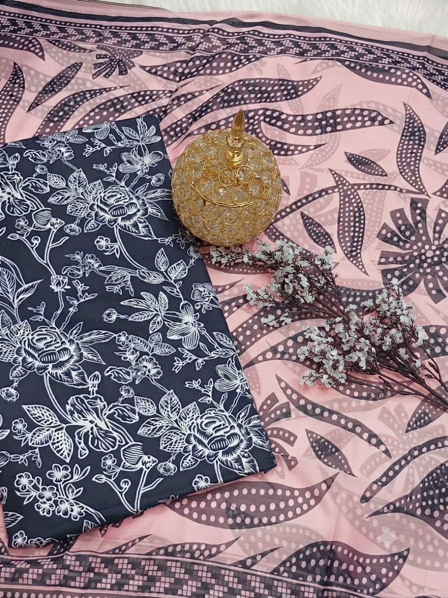 7C Bin Saeed Swiss Lawn Collection – Royal Indigo & Mint Abstract Floral 3pc Unstitched