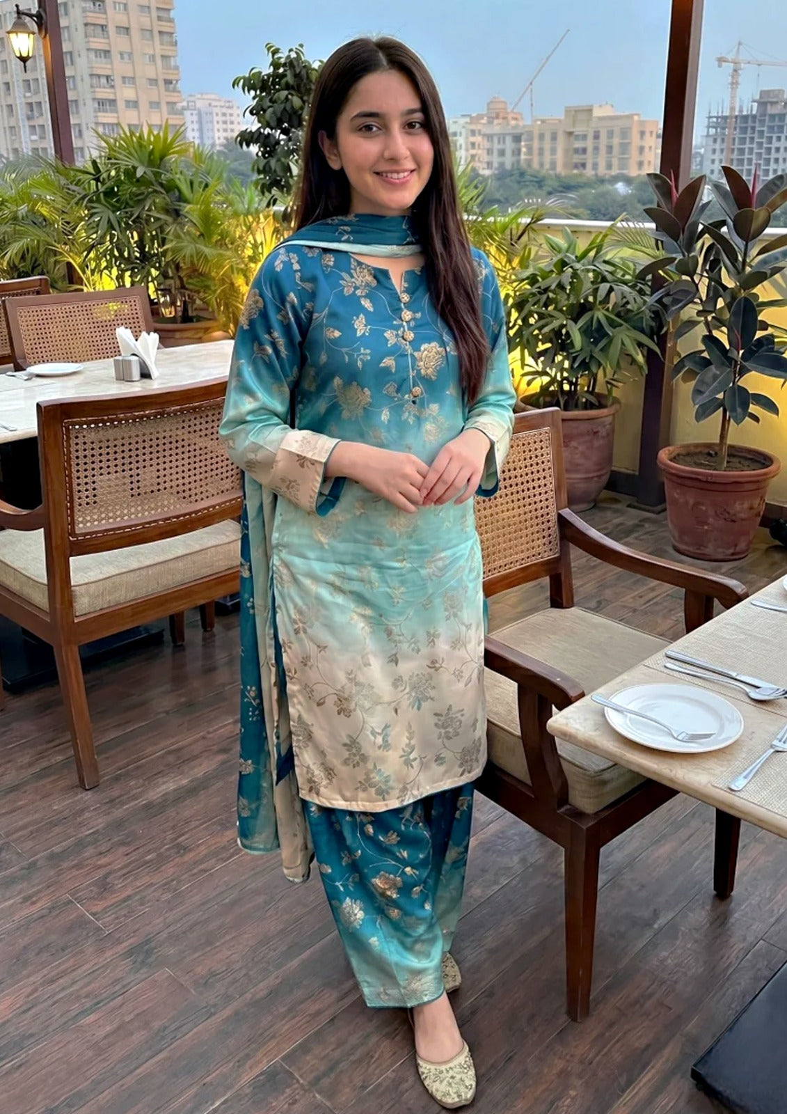Navy Teal Ombre Silk 2-Piece Suit with Floral Palazzo