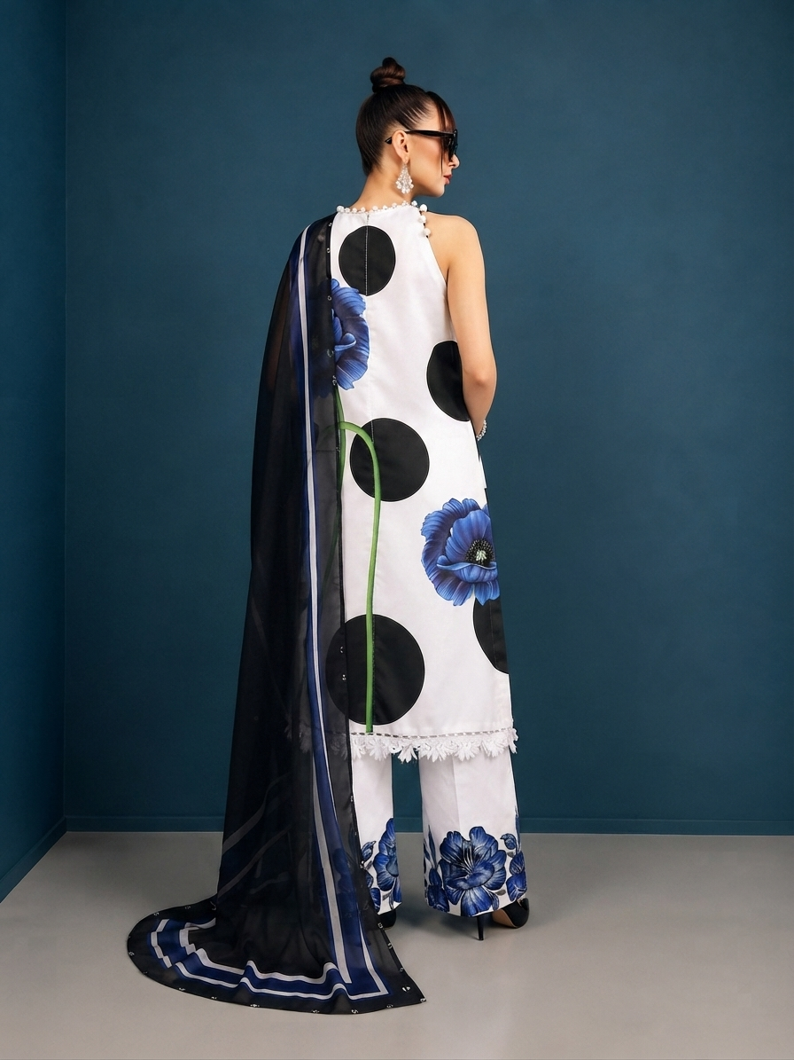 Ivory Polka Dot & Blue Poppy Print Three-Piece Suit with silk Dupatta