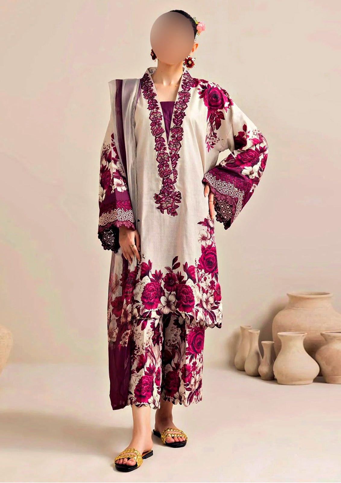 Ivory Magenta Rose Floral Border Silk 3-Piece Suit