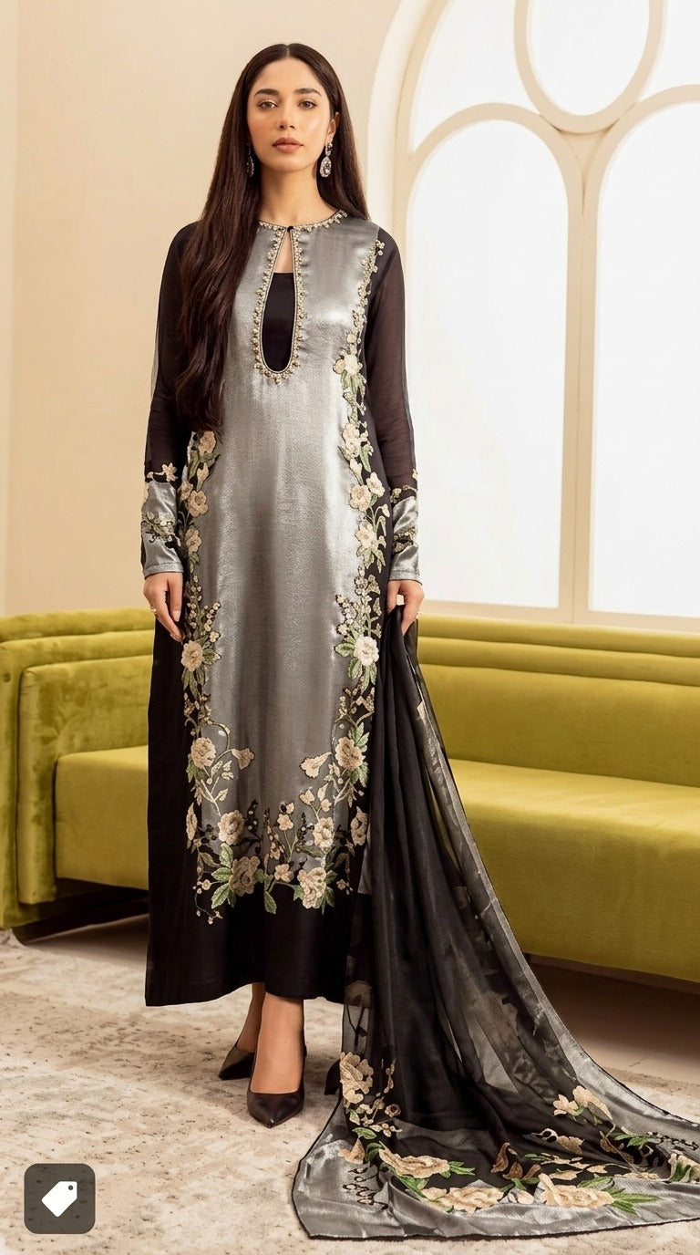 Silver Grey Foil Floral Embroidered Silk Suit with Black Organza Dupatta