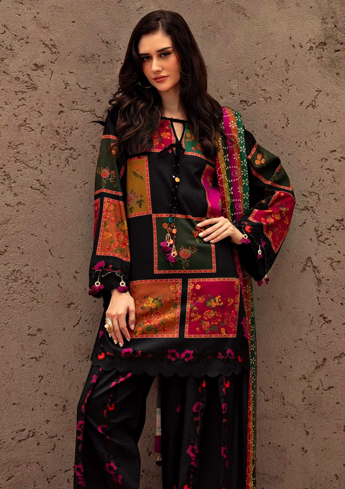 Black Multicolor Patchwork Floral Silk 3-Piece Suit with Tassels