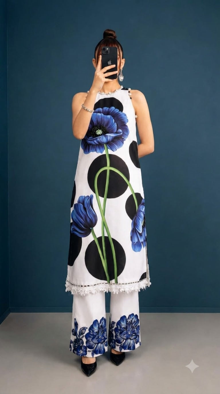 Ivory Polka Dot & Blue Poppy Print Three-Piece Suit with silk Dupatta