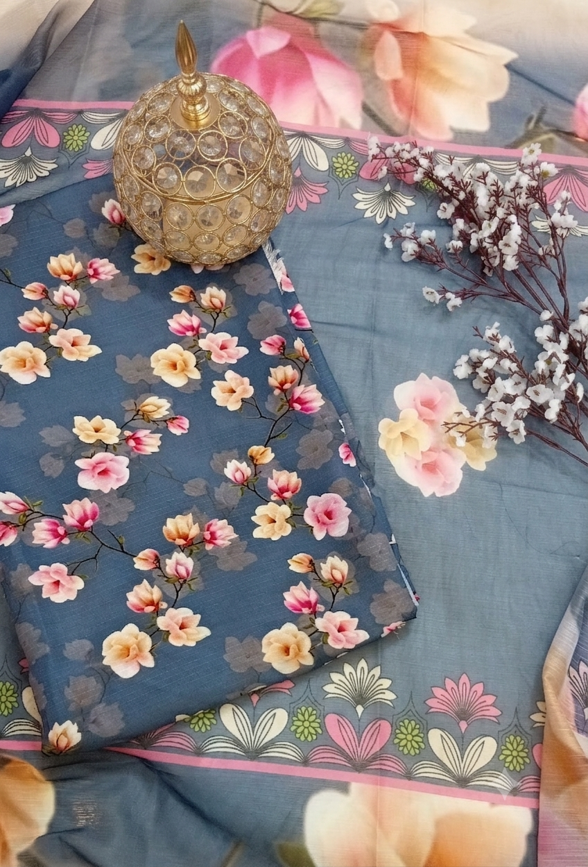 🌸 7D Premium Swiss Lawn Bana Dora for Summers (Unstitched) – Dusty Blue Vintage Elegance 🌸