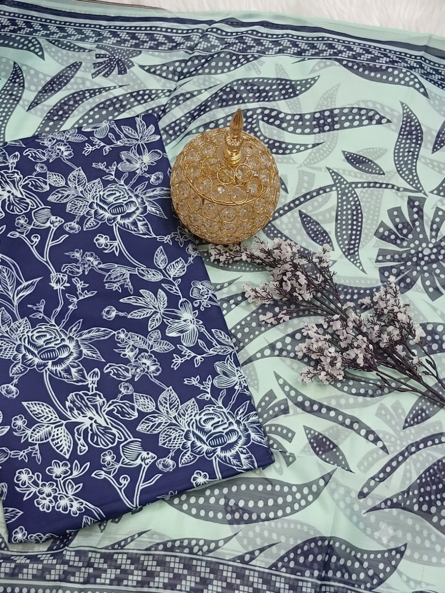 7C Bin Saeed Swiss Lawn Collection – Royal Indigo & Mint Abstract Floral 3pc Unstitched