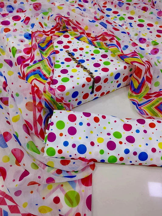 White Multicolor Geometric Printed polka swiss Lawn Suit untitched