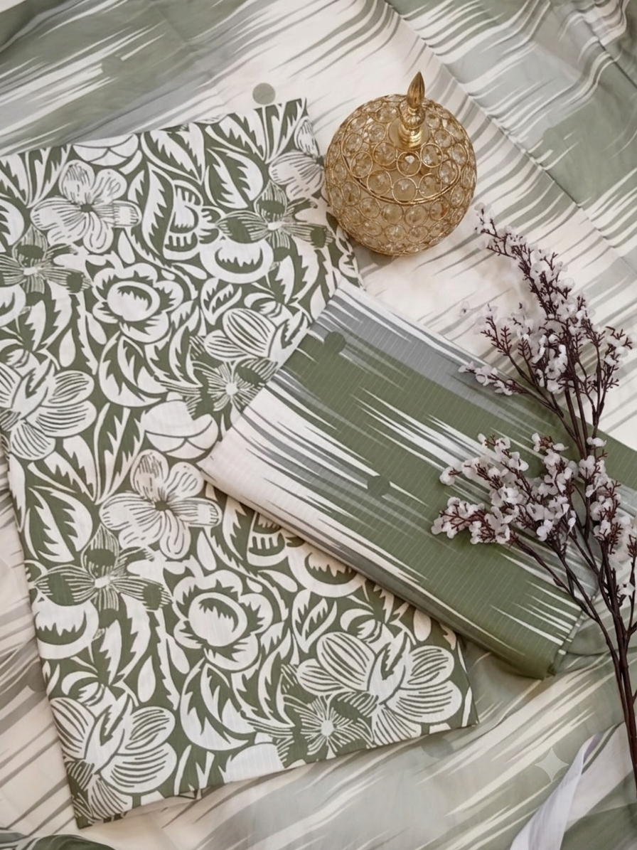 🌸 6D Premium Swiss Lawn Bana Dora for Summers (Unstitched) – Olive Green Floral Delight 🌸