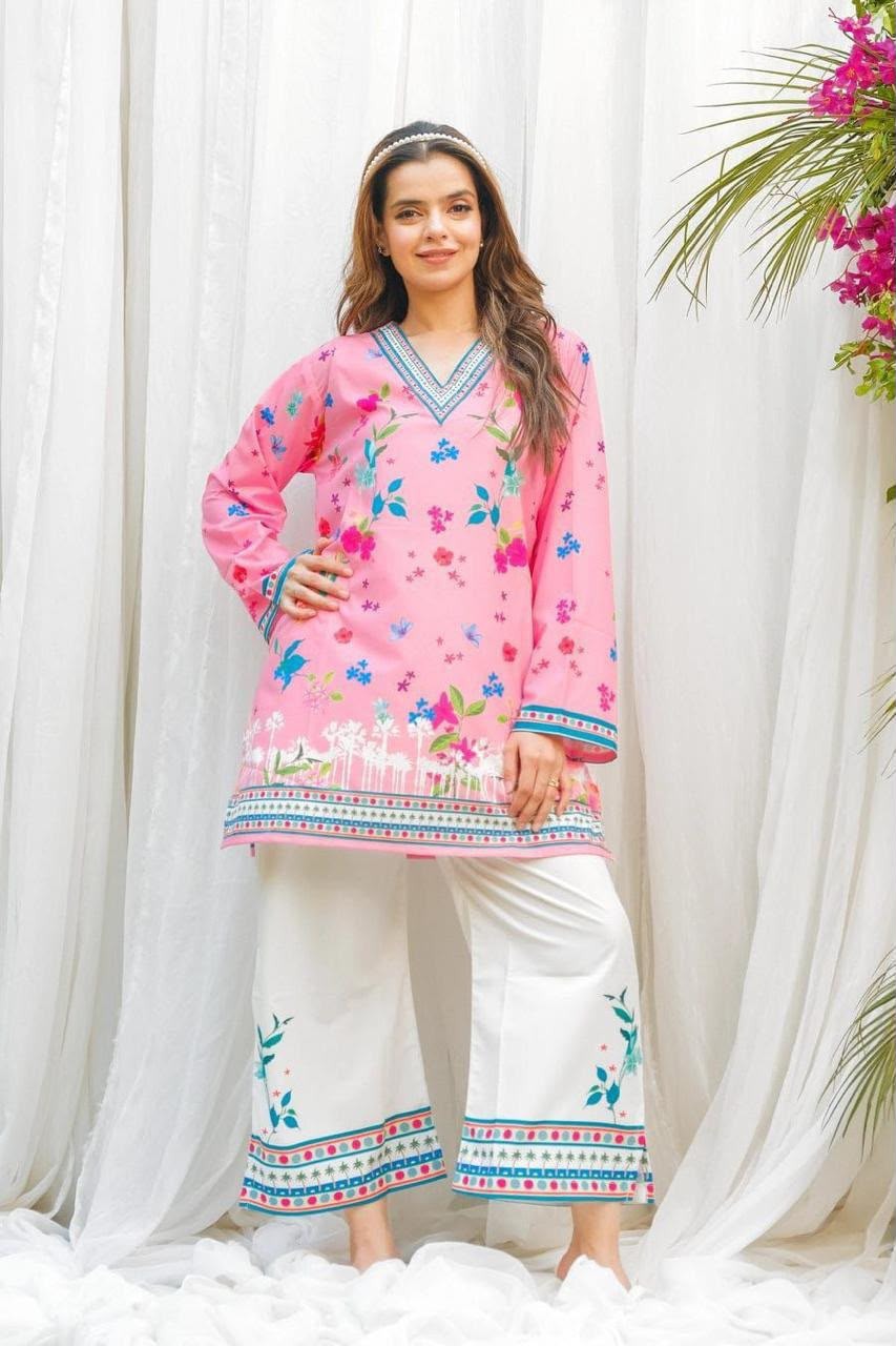 Pink Floral Print Silk Short Kurti with White Pants