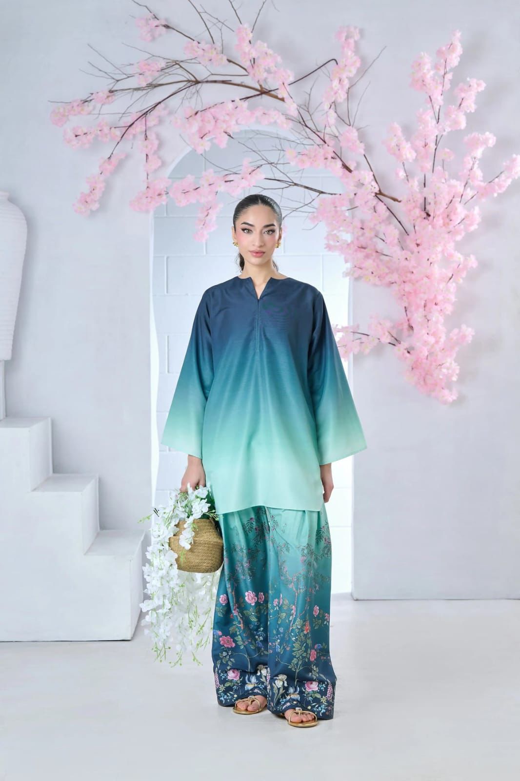 Teal Blue Ombre Floral Silk 3-Piece Suit