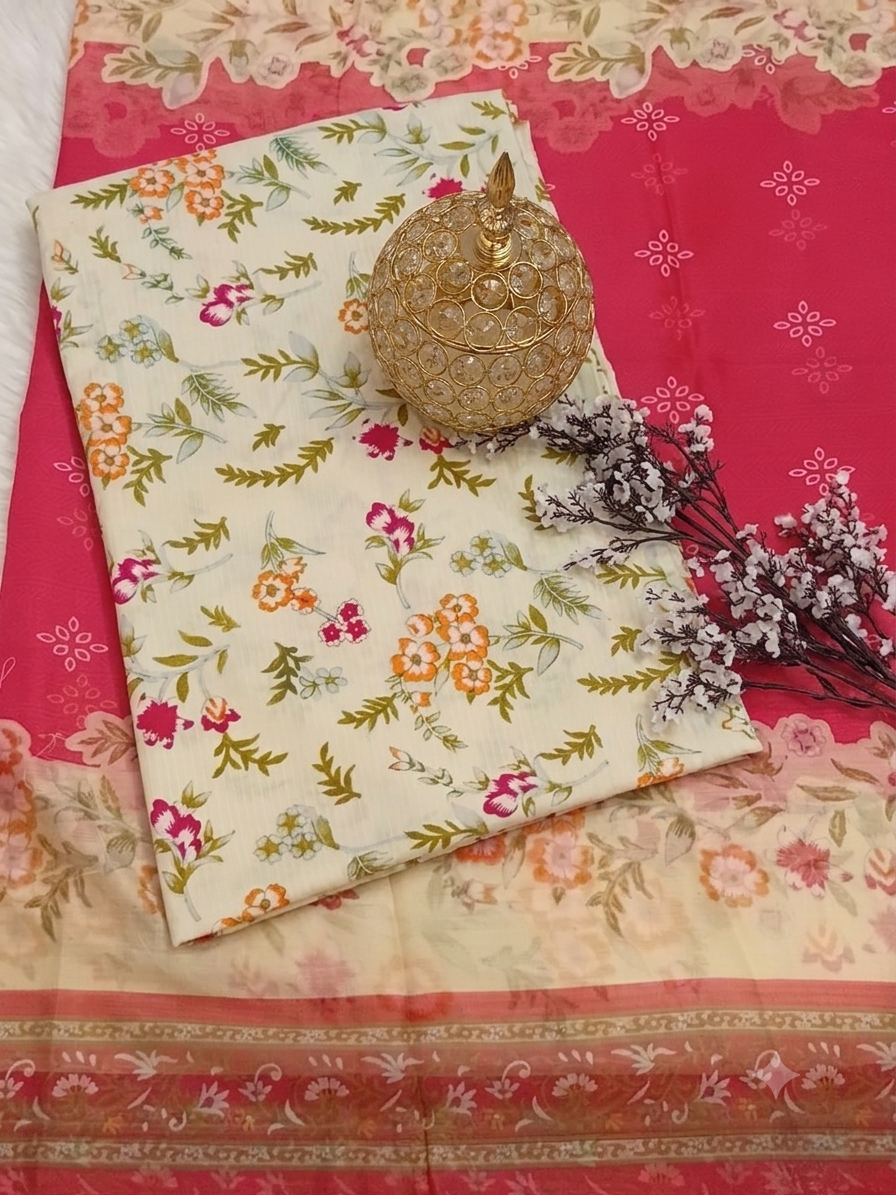 🌸8C Bin Saeed Swiss Lawn Collection – Classic Off-White & Pink Floral 3pc Unstitched