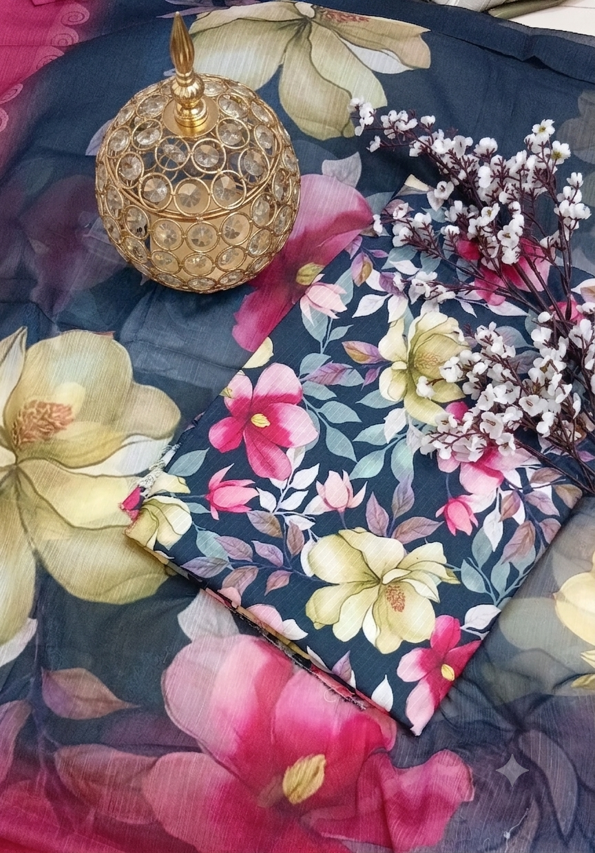 🌸 4C Premium Swiss Lawn Bana Dora for Summers (Unstitched) – Midnight Blue & Vibrant Floral Glow 🌸