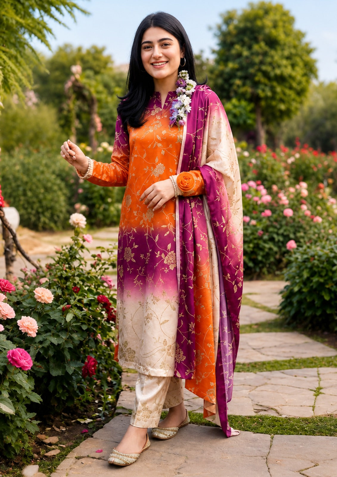 Orange Magenta Ombre Floral Border Silk 3-Piece Suit